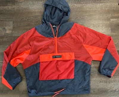 Chaqueta cortavientos Under Armour Rush tejida Anorak 1/2 cremallera con capucha mediana roja azul Foto 1 de 4