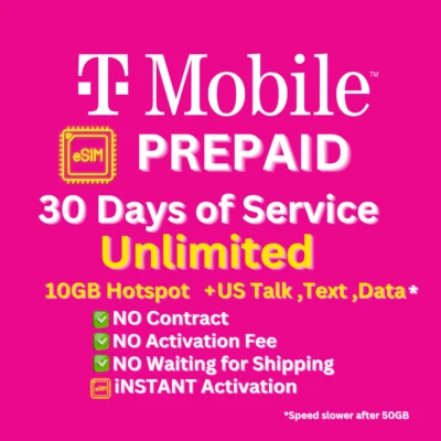 T-Mobile Prepaid plan For 30 Days Unlimited Talk Tx Data - eSim instant Activate - Image 1 of 4