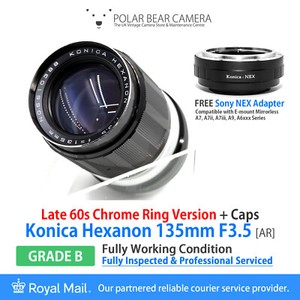 GEWARTET KONICA Hexanon 135 mm F3.5 + Sony E-Mount FE NEX Adapter + Kappen [GRADE B]