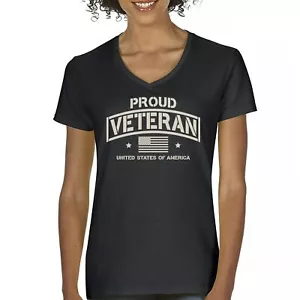 Proud Veteran Women's V-Neck T-shirt Veteran's Day Military American Flag Tee - Picture 1 of 36