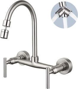 Wall Mount Kitchen Sink Faucet Brushed Nickel 8 Inch Center Double Cross