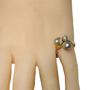 10K Yellow Gold Bypass Pearl Ring June Birthstone Cultured Pearls Size 6