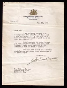 June 1951 SIGNED LETTER John S. Fine Pennsylvania Governor RE: death of wife - Picture 1 of 2