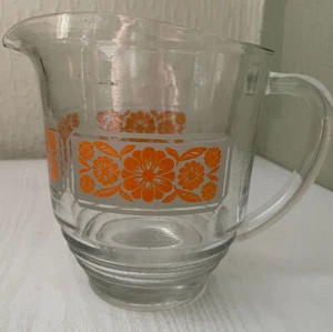 Vintage Glass Water Jug Orange Flowers 1950s English Retro Pitcher 1 L Kitsch - Picture 1 of 8