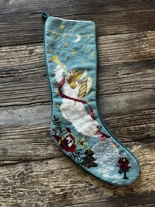 VTG. Wool Needlepoint Robin Egg Blue Angel Christmas Stocking Velvet BEAUTY - Picture 1 of 6