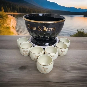 Vintage Hall China Tom & Jerry Punch Bowl Set Black & White w/Gold Trim 8-Piece - Picture 1 of 22