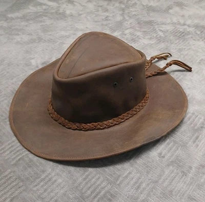 Sombrero vaquero occidental de cuero genuino marrón hecho a mano 7-1/2" Foto 1 de 4