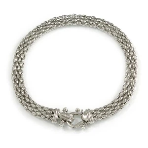 Statement Mesh 'Buckle' Choker Necklace In Silver Tone - Picture 1 of 4