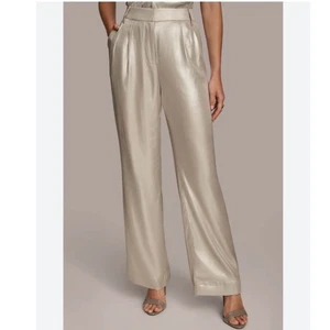 Donna Karan Pearl Foil Pleated Metallic Oyster Wide Leg Pants size 8 old money - Picture 1 of 10