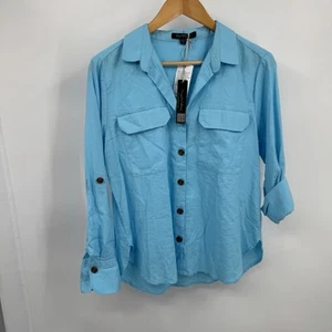 Velvet Heart Women Turquoise Blue Linen Blend Button Up Top Roll Tab Sleeve S - Picture 1 of 10
