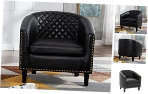Accent Barrel Chair for Living Room Leisure Chair with Nailheads and Black Pu - Picture 1 of 8