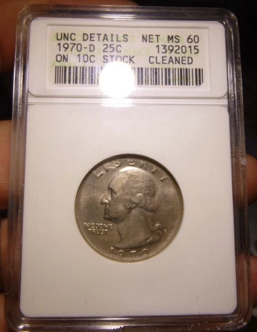 1970 D 25c Washington Quarter Struck on 10c Dime Stock ANACS UNC Details Cover