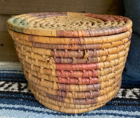Vintage 9" Large Coiled Hand Woven Round Basket w/ Lid Purple Green Red Straw Cover