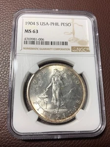 US PHILIPPINES 1904-S ONE PESO NGC MS 63 BLAZING LUSTER W/ HINT OF MAGENTA TONE - Picture 1 of 4