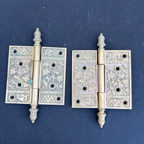 Antique Cast Bronze Door Hinges Steeple Tip Ornate 4.5x4.5 Set of 2 Cover