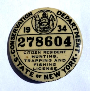 1934 NY New York Resident HUNTING TRAPPING LICENSE BUTTON Pin Pinback Badge - Picture 1 of 3