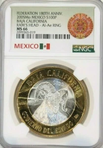 2005 MEXICO SILVER 100 PESOS BAJA CALIFORNIA RAMS HEAD NGC MS 66 PQ TOP POP - Picture 1 of 4