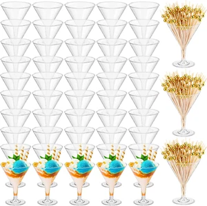 Irenare Clear Plastic Martini Glasses and Gold Pearl Cocktail Picks Set Disposab - Picture 1 of 12
