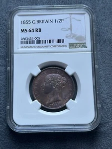1855 Great Britain 1/2 Penny NGC MS 64RB. Beautiful Toning/Color - Picture 1 of 3