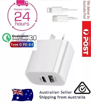 Dual Ports 18W PD QC3.0 USB-C Type C Adapter AU Plug iphone 12 Fast Wall Charger - Image 1 of 4