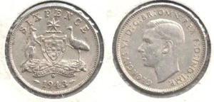 1943-D Australia Silver Six Pence with a Kangaroo and Emu in Almost Uncirculated - Picture 1 of 1