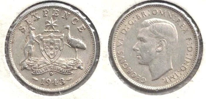 1943-D Australia Silver Six Pence with a Kangaroo and Emu in Almost Uncirculated - Image 1 of 1