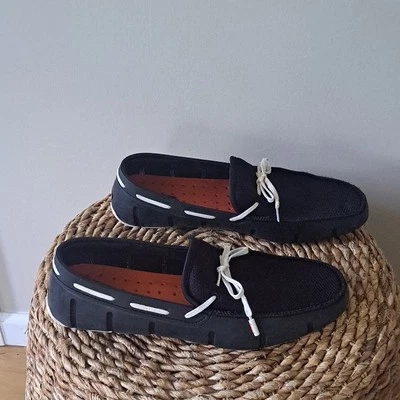SWIMS Mens Black Rubber/Mesh Fabric Mocassin Loafers White Woven Laces S-11 - Image 1 of 4