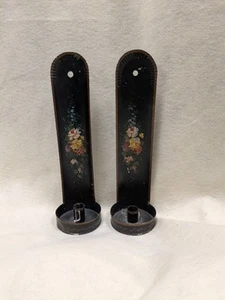 Antiguo par de apliques de pared de velas Toleware pintados a mano 14" - Imagen 1 de 7