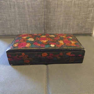 Floral Lacquered Trinket Box Rectangle Jewelry Keepsake Unlined - Picture 1 of 14