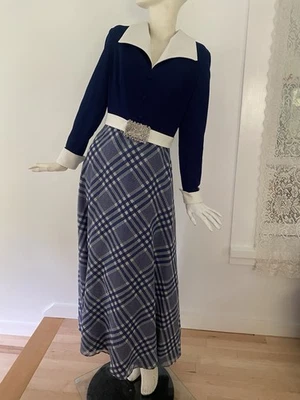 Vestido Maxi Hostess Vintage Anos 70 Azul Retrô Mod Fivela Coquetel Festa Manga Longa - Imagem 1 de 4