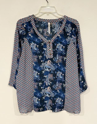 Blusa de gasa para mujer de colección NY talla grande cachemira azulejo borde botón popover Foto 1 de 4