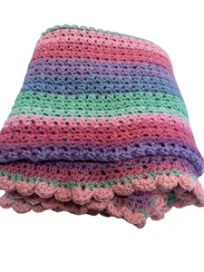 baby blanket lap afghan crochet handmade bright Pastel Glitter STRIPES 45 X 51 - Picture 1 of 12