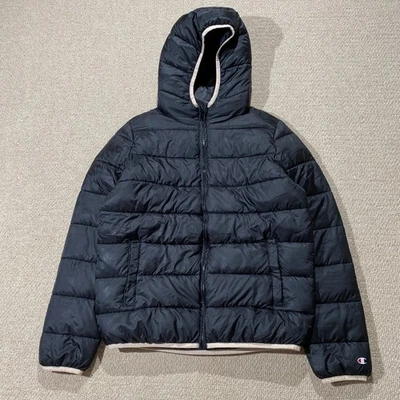 Champion Puffer Jacket Girls 13-14 Years XL Black Pink Hooded Quilted Coat - Image 1 of 4