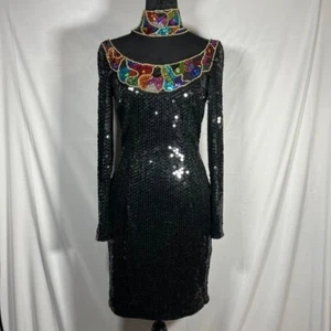 Vestido De Colección Niteline Della Roufogali 6 Negro Lentejuelas Arco Iris Cuentas Años 80 Cóctel - Imagen 1 de 13