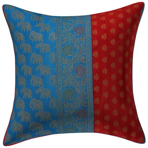 Turquoise & Red Color Silk Elephant Cushion Cover Throw Pillow Cover 16x16 (1 Pc - Picture 1 of 3