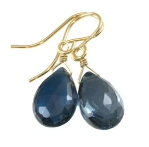 14k Gold London Blue Topaz Earrings Faceted Natural Sterling Silver Teardrops - Picture 1 of 6