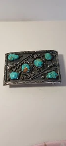 Hebilla de cinturón vintage hecha a mano de plata esterlina turquesa nativa americana - Imagen 1 de 9