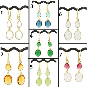 Designer Pear Oval Hydro Quartz Chalcedony Hook Gold Plated Drop Dangle Earring - Picture 1 of 17