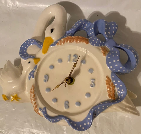 Country Duck/Goose Wall Clock,Cream /Blue BowYellow BeaksCeramic Battery Operate Cover