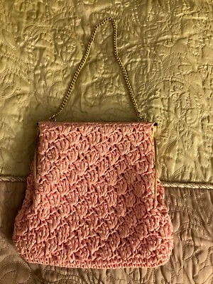Bolso de paja vintage Barbara Lee rosa años 50 tejido red con cadena dorada Foto 1 de 4