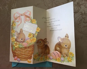 Tarjeta de Pascua vintage con sello MADRE y papá cesta de conejito - Imagen 1 de 2