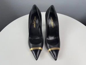 SAINT LAURENT Janis Gold Trimmed Cap-Toe Pumps Black Leather - Picture 1 of 14