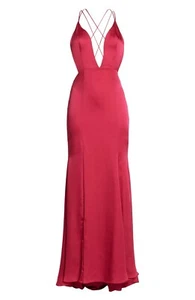FAME & PARTNERS Fuchsia Pink Open Back Strappy Satin Slit Dress Gown 10 US = 14 - Picture 1 of 10