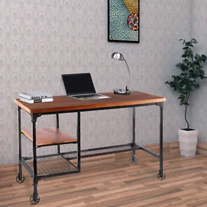 BenJara Industrial Style Wood and Metal Desk with Two Bottom Shelves, Brown and - Picture 1 of 4