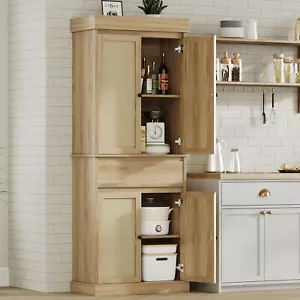 Kitchen Pantry Cabinet, Tall Cupboard Storage Cabinet with Rattan Doors, Drawer - Picture 1 of 8