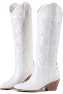 Western Cowgirl mittlere Wadenstiefel klobige Absätze zum Anziehen Cowboy modische Stiefel weiß - Bild 1 von 9