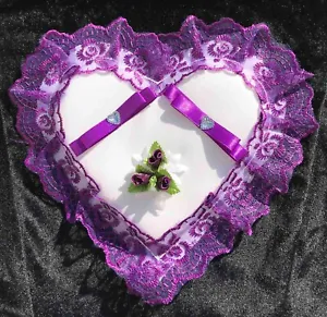 Purple, Wedding Ring Pillow, Lace Heart Shape, Bridal Cushion, - Picture 1 of 1
