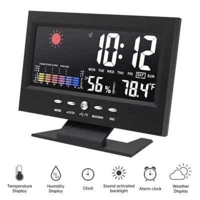 Desk Digital Alarm Clock Weather Thermometer LED Temperature Humidity Monitor - Image 1 of 4