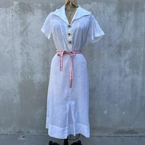 Vintage 1930s White Cotton Dress Swiss Dot Oversized Red Celluloid Buttons 1940s - Picture 1 of 21