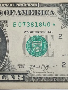⭐2013 $1 B NEW YORK BEP DUPLICATE RUN⭐STAR NOTE (B07381840*) FT WORTH TX.⭐ - Picture 1 of 9